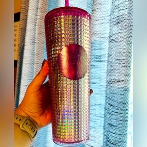 NWT Starbucks Summer 2023 Bubblegum Grid Venti Tumbler Iridescent Pink & Sliver